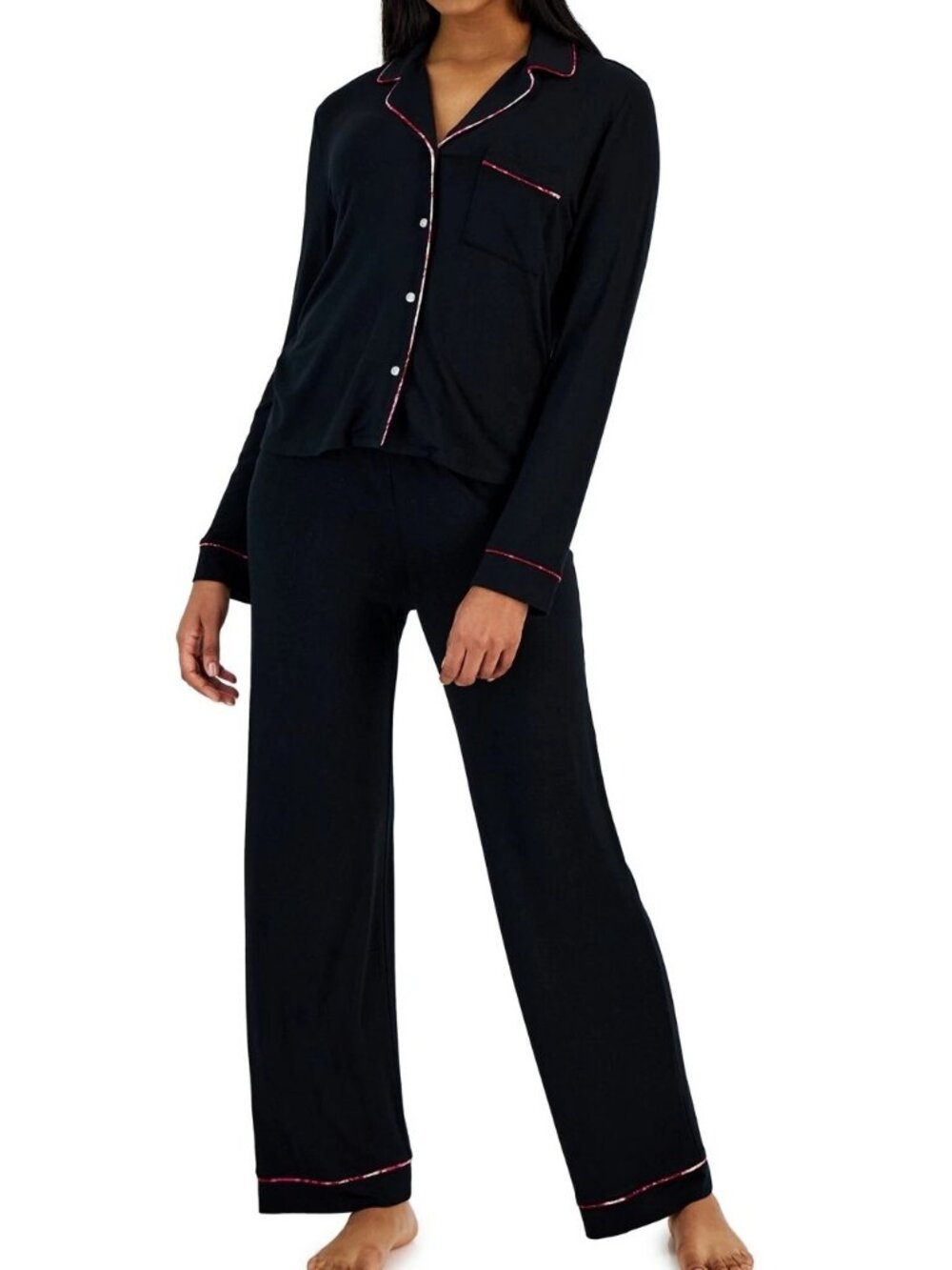 Jenni Women's 2-Piece Notch-Collar Pajama Set, Black With Pink Trim, Small
